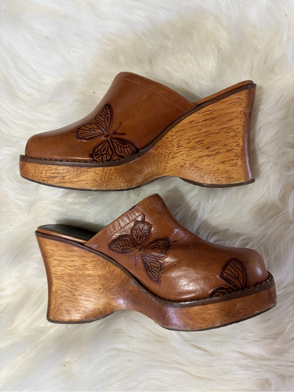 Y2K style 90s Women’s Brown Leather Butterfly Clogs Wedge Heels platform sandals